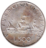 Монета 500 лир. 1961 год, Италия. Корабли Колумба. Монета 500 лир. 1961 год, Италия. Корабли Колумба.