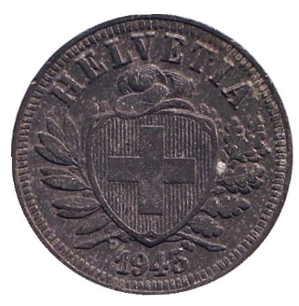 Монета 2 раппена. 1943 год, Швейцария. Монета 2 раппена. 1943 год, Швейцария.