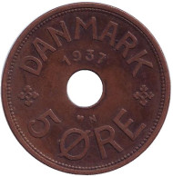 Монета 5 эре. 1937 год, Дания. Монета 5 эре. 1937 год, Дания.