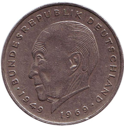Монета 2 марки. 1971 год (F), ФРГ. Конрад Аденауэр.