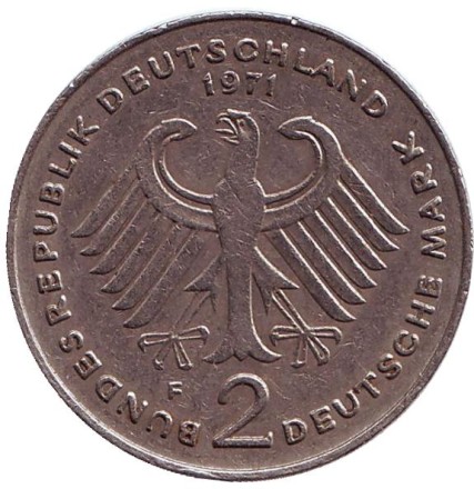 Монета 2 марки. 1971 год (F), ФРГ. Конрад Аденауэр. Монета 2 марки. 1971 год (F), ФРГ. Конрад Аденауэр.