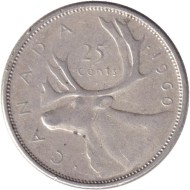 Монета 25 центов. 1960 год, Канада. Канадский олень (Карибу). Монета 25 центов. 1960 год, Канада. Канадский олень (Карибу).