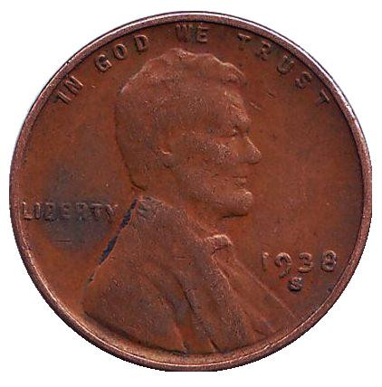 Монета 1 цент. 1938 год (S), США. Линкольн.