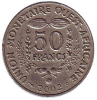 Монета 50 франков. 2002 год, Западные Африканские штаты. Монета 50 франков. 2002 год, Западные Африканские штаты.