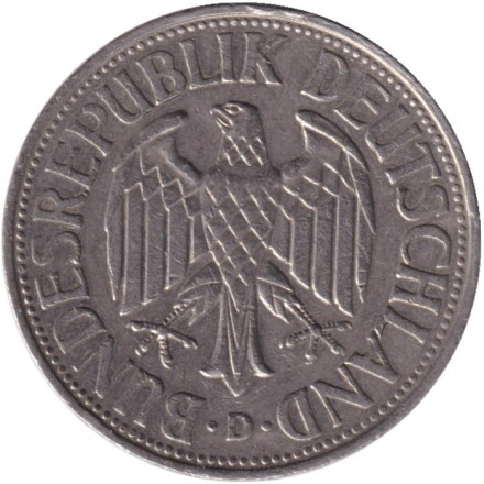 Монета 1 марка. 1960 год (D), ФРГ. Монета 1 марка. 1960 год (D), ФРГ.