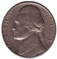 Монета 5 центов. 1974 год (P), США. Джефферсон. Монтичелло. Монета 5 центов. 1974 год (P), США. Джефферсон. Монтичелло.