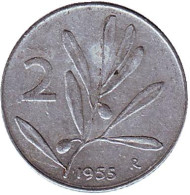 Монета 2 лиры. 1955 год, Италия. Медоносная пчела.