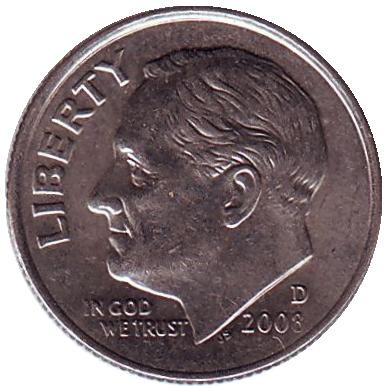 Монета 10 центов. 2008 (D) год, США. Рузвельт.