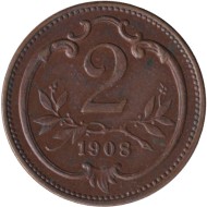 Монета 2 геллера. 1908 год, Австро-Венгерская империя. Австрийский тип. Монета 2 геллера. 1908 год, Австро-Венгерская империя. Австрийский тип.