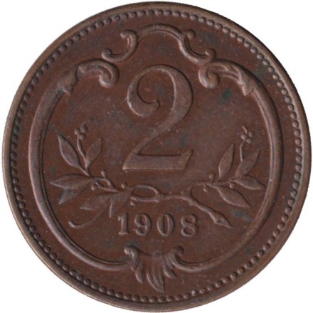 Монета 2 геллера. 1908 год, Австро-Венгерская империя. Австрийский тип.
