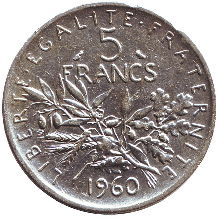 Монета 5 франков. 1960 год, Франция.