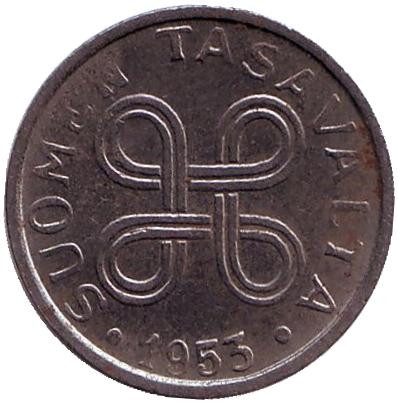 Монета 1 марка. 1953 год, Финляндия. (железо)