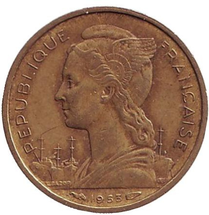 Монета 10 франков. 1953 год, Мадагаскар. Монета 10 франков. 1953 год, Мадагаскар.