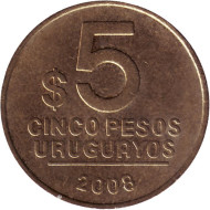 Монета 5 песо. 2008 год, Уругвай. Монета 5 песо. 2008 год, Уругвай.