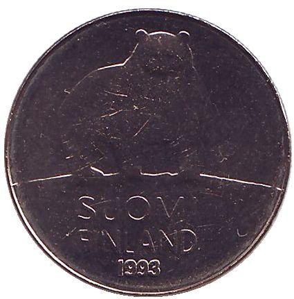 Монета 50 пенни. 1993 год, Финляндия. UNC. Медведь.