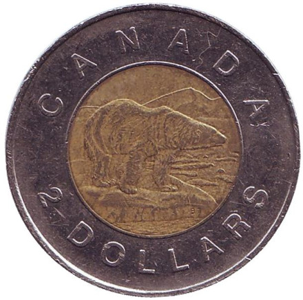 Монета 2 доллара. 2008 год, Канада. Полярный медведь.