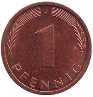 Монета 1 пфенниг. 1990 год (J), ФРГ. Дубовые листья. Монета 1 пфенниг. 1990 год (J), ФРГ. Дубовые листья.