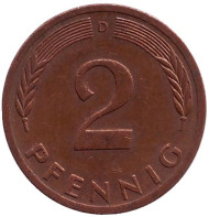 Монета 2 пфеннига. 1972 год (D), ФРГ. Дубовые листья. Монета 2 пфеннига. 1972 год (D), ФРГ. Дубовые листья.