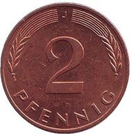 Монета 2 пфеннига. 1991 год (J), ФРГ. Дубовые листья. Монета 2 пфеннига. 1991 год (J), ФРГ. Дубовые листья.