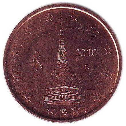 Монета 2 цента, 2010 год, Италия.