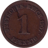 Монета 1 пфенниг. 1907 год (J), Германская империя. Монета 1 пфенниг. 1907 год (J), Германская империя.