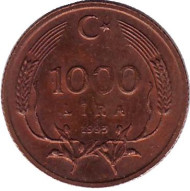Монета 1000 лир. 1995 год, Турция. Монета 1000 лир. 1995 год, Турция.