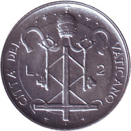 Монета 2 лиры. 1967 год, Ватикан. Монета 2 лиры. 1967 год, Ватикан.