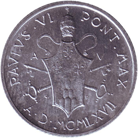 Монета 2 лиры. 1967 год, Ватикан. Монета 2 лиры. 1967 год, Ватикан.