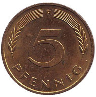 Монета 5 пфеннигов. 1991 год (F), ФРГ. Дубовые листья. Монета 5 пфеннигов. 1991 год (F), ФРГ. Дубовые листья.