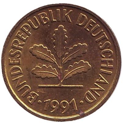 Монета 5 пфеннигов. 1991 год (F), ФРГ. Дубовые листья. Монета 5 пфеннигов. 1991 год (F), ФРГ. Дубовые листья.