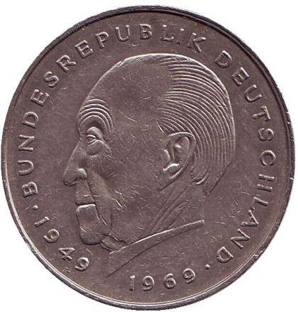 Монета 2 марки. 1981 год (F), ФРГ. Конрад Аденауэр.