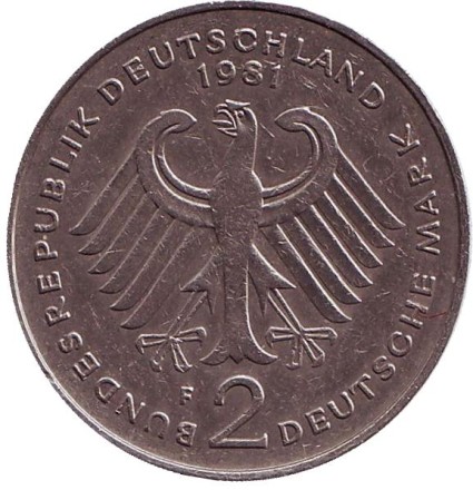 Монета 2 марки. 1981 год (F), ФРГ. Конрад Аденауэр. Монета 2 марки. 1981 год (F), ФРГ. Конрад Аденауэр.