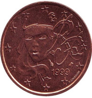 Монета 5 центов. 1999 год, Франция. Монета 5 центов. 1999 год, Франция.