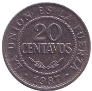Монета 20 сентаво. 1987 год, Боливия. Монета 20 сентаво. 1987 год, Боливия.