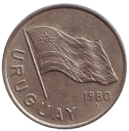 Монета 5 новых песо. 1980 год, Уругвай.