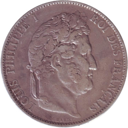 Монета 5 франков. 1844 год (W), Франция. Луи-Филипп I.