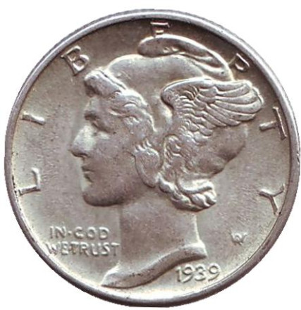 Монета 10 центов. 1939 год, США. Без обозначения монетного двора. Меркурий.