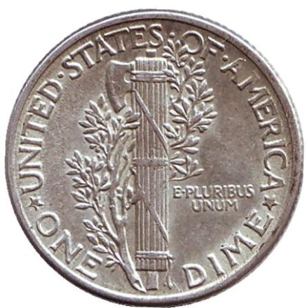 Монета 10 центов. 1939 год, США. Без обозначения монетного двора. Меркурий.