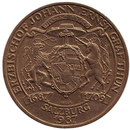 Монета 20 шиллингов. 1987 год, Австрия. 300 лет со дня рождения Зальцбургского Архиепископа графа Туна.