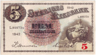 Банкнота 5 крон. 1942 год, Швеция. Банкнота 5 крон. 1942 год, Швеция.