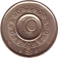 Монета 10 крон. 1989 год, Норвегия. Король Улаф V. Монета 10 крон. 1989 год, Норвегия. Король Улаф V.