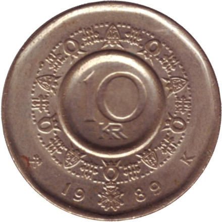 Монета 10 крон. 1989 год, Норвегия. Король Улаф V.