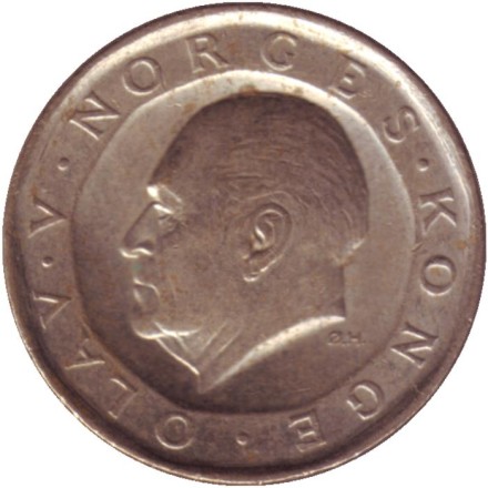 Монета 10 крон. 1989 год, Норвегия. Король Улаф V.