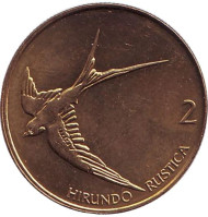 Монета 2 толара. 2004 год, Словения. Деревенская ласточка. Монета 2 толара. 2004 год, Словения. Деревенская ласточка.