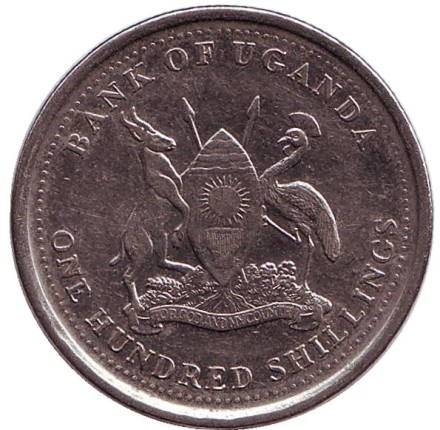 Монета 100 шиллингов. 2008 год, Уганда. (магнитные) Африканский бык.