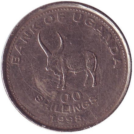 Монета 100 шиллингов. 1998 год, Уганда. Африканский бык.