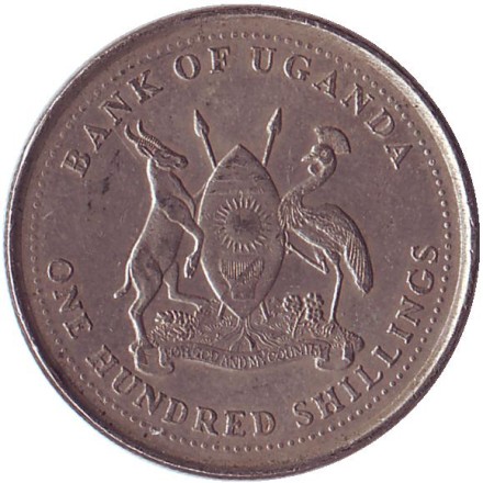 Монета 100 шиллингов. 1998 год, Уганда. Африканский бык. Монета 100 шиллингов. 1998 год, Уганда. Африканский бык.