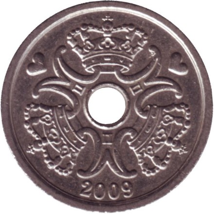 Монета 1 крона. 2009 год, Дания. Монета 1 крона. 2009 год, Дания.