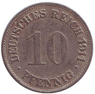 Монета 10 пфеннигов. 1911 год (G), Германская империя. Монета 10 пфеннигов. 1911 год (G), Германская империя.