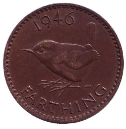 Монета 1 фартинг. 1946 год, Великобритания. Крапивник. (Птица).